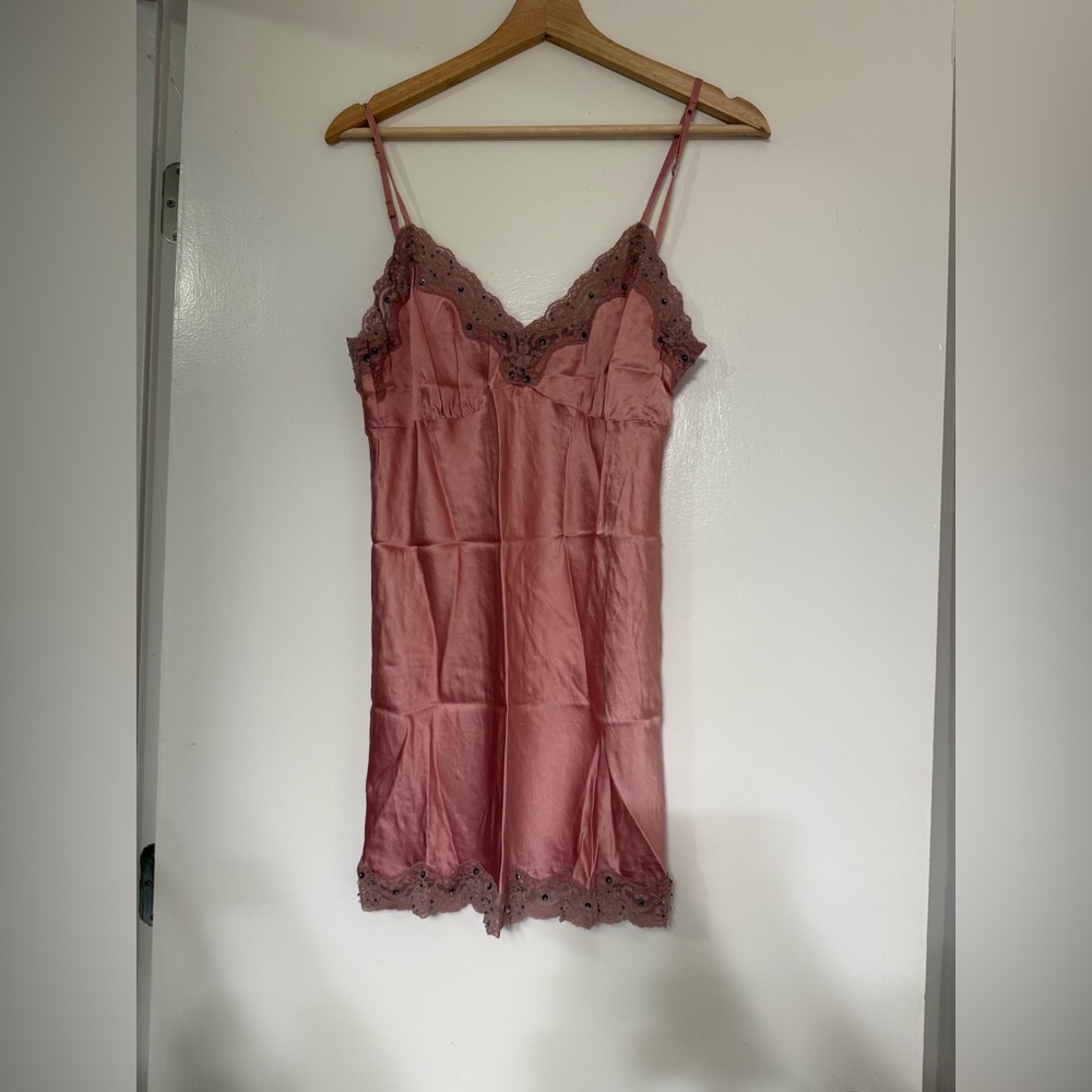 Vintage Y2K Gold Hawk Pink 100% Silk and Lace Mini Slip Dress Sequin Lace Trim